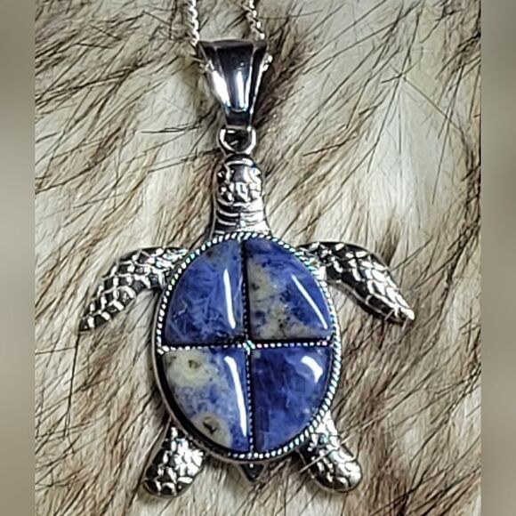 Sodalite Gemstone Turtle Necklace - Picture 2 of 9